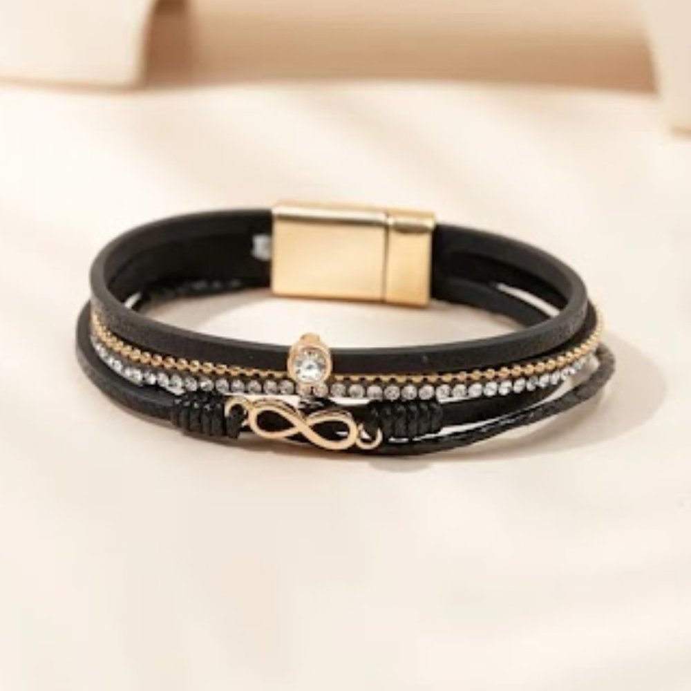 Bohemian Multilayer Black PU Leather Wrap Bracelet - Magnetic Clasp